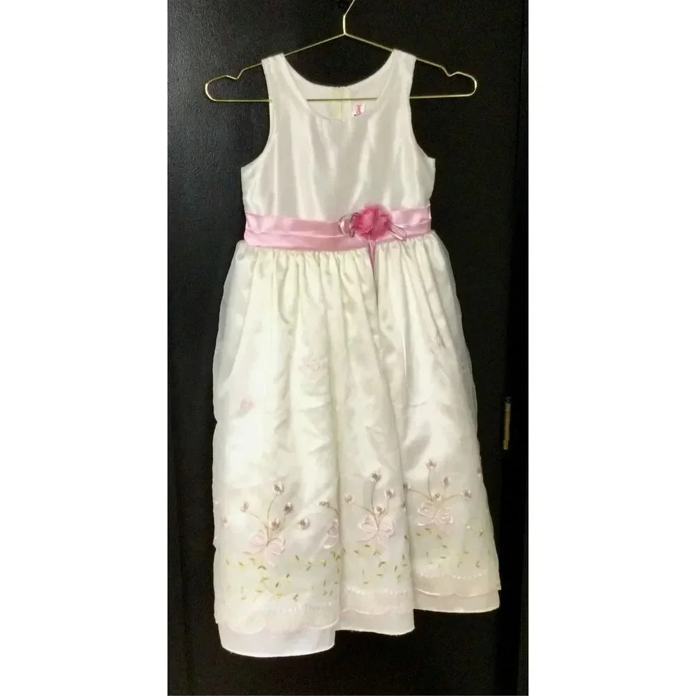Vintage Good Girl Kids Ivory Pink Lined Sheer Scalloped Hem Formal Dress Size 10
